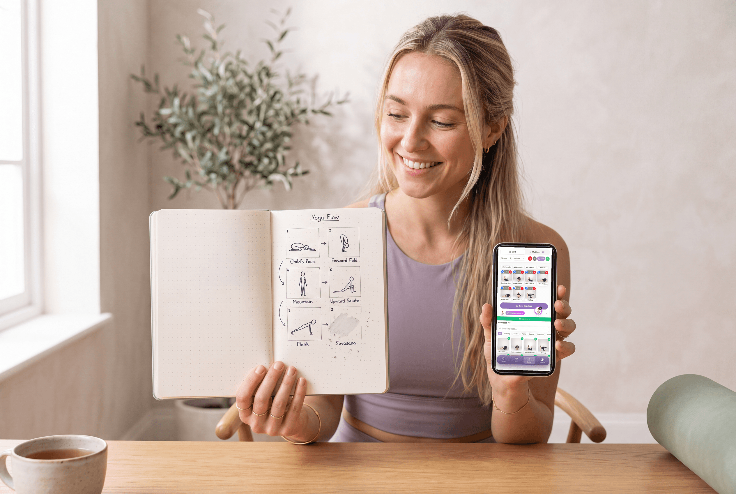 Yoga teacher holding a notebook of hand-drawn stick-figure poses beside her phone showing the same class built in FLOW